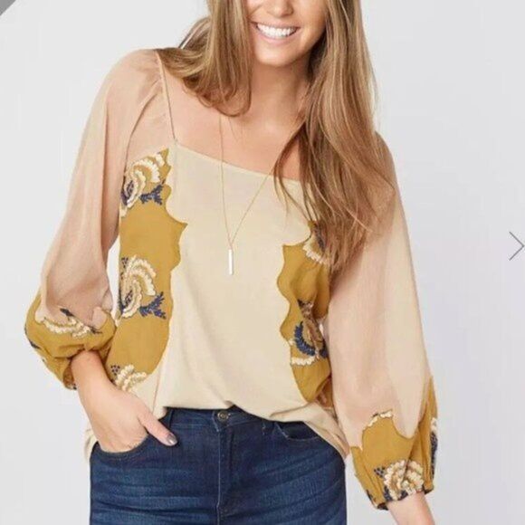 Gimmick Women’s Boho Unique Cream and Pink Blouse with Embroidered Designs 3/4 S - Picture 1 of 8